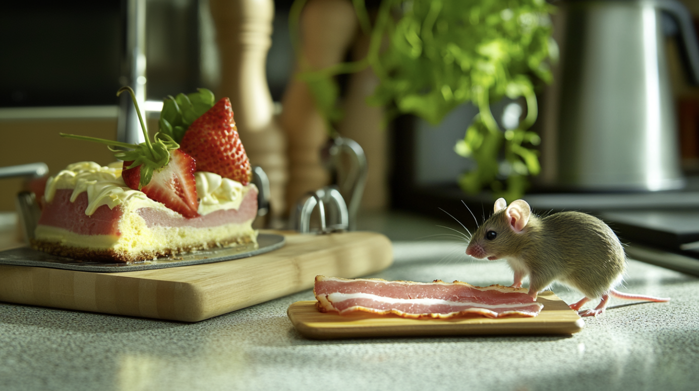 Illustration: Maus vor Speck und vor einer aufw&auml;ndigen Torte.
